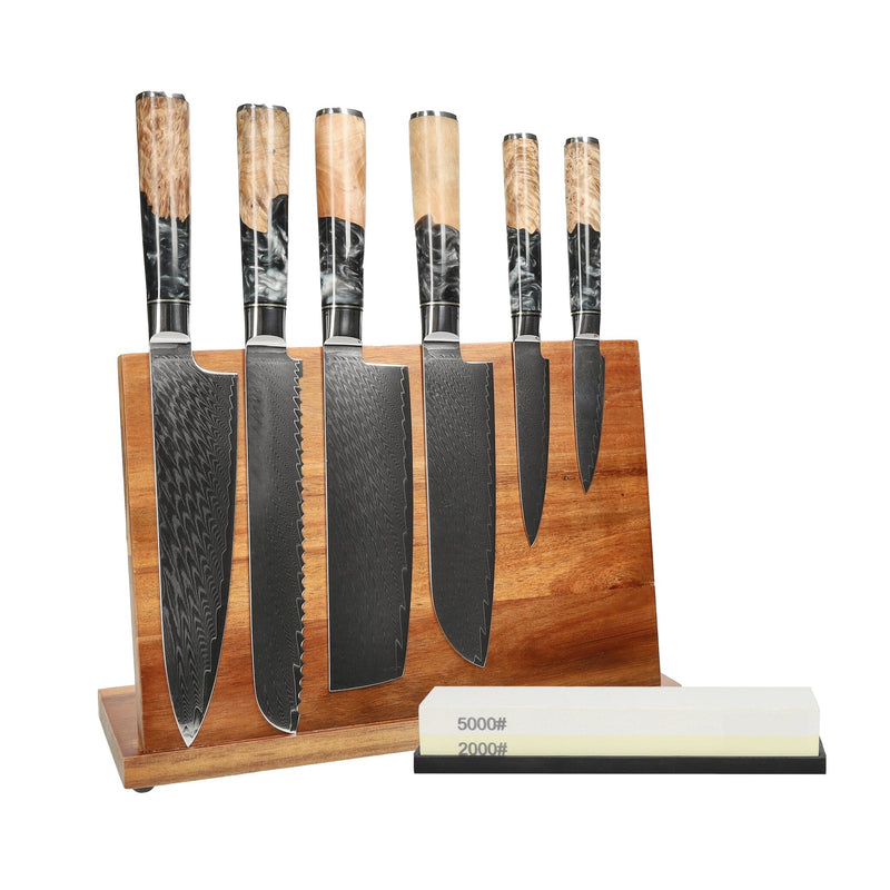 Shinrai Knives - Epoxy Onyx 6-delige Messenset + Messenblok + Slijpsteen Messenset met blok en slijpsteen Shinrai Knives 