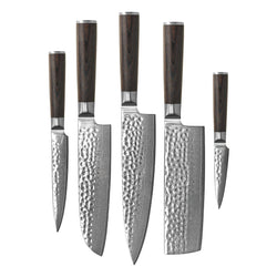 Shinrai Knives - Hammered Damast BR 5-delige Messenset + Messenblok Cito dubbelzijdig Messenset met blok Shinrai Knives 