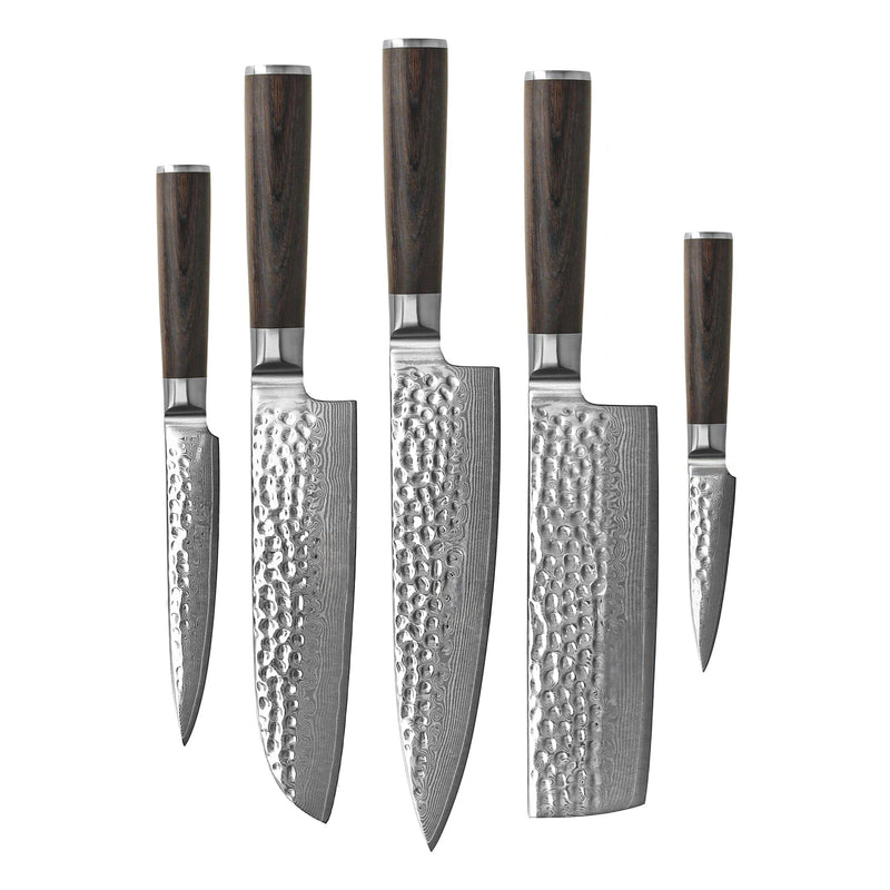 Shinrai Knives - Hammered Damast BR 5-delige Messenset + Messenblok Cito dubbelzijdig Messenset met blok Shinrai Knives 