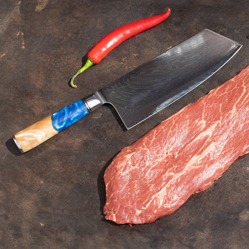 Epoxy Sapphire - Damascus Nakiri knife 19 cm