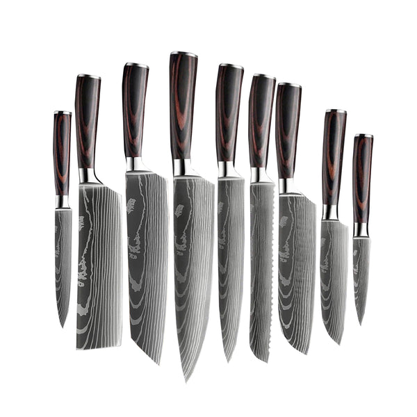 Quality Damascus Print Knives - 9 piece knife set