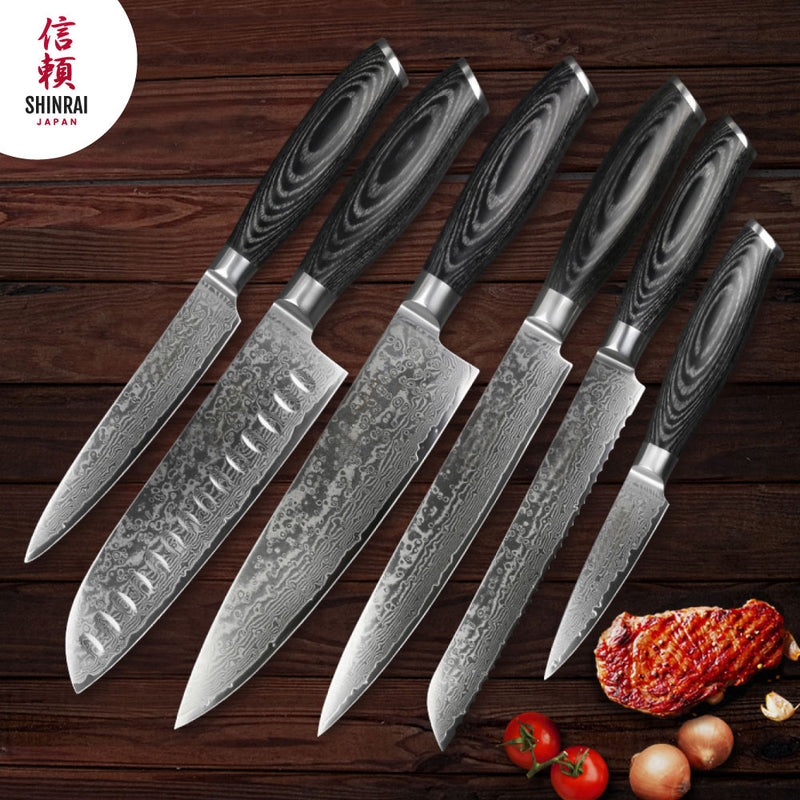 HexClad Essential Knife Set, 6-Piece, Japanese Damascus Stainless Steel  Blades, Full Tang Construction, Pakkawood Handles