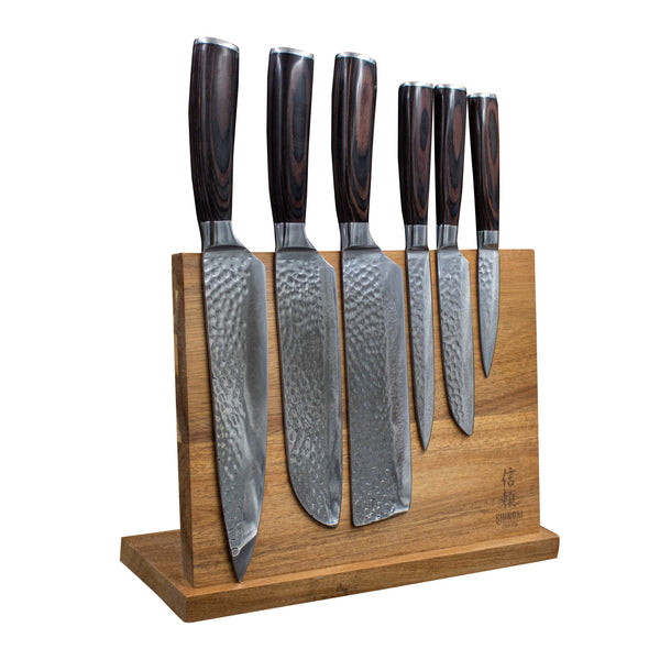 Combo Deal Shinrai Japan Hammered Stainless Steel Series 6-piece Knife Set + Acacia Wood Magnetic Knife Holder - Style 1