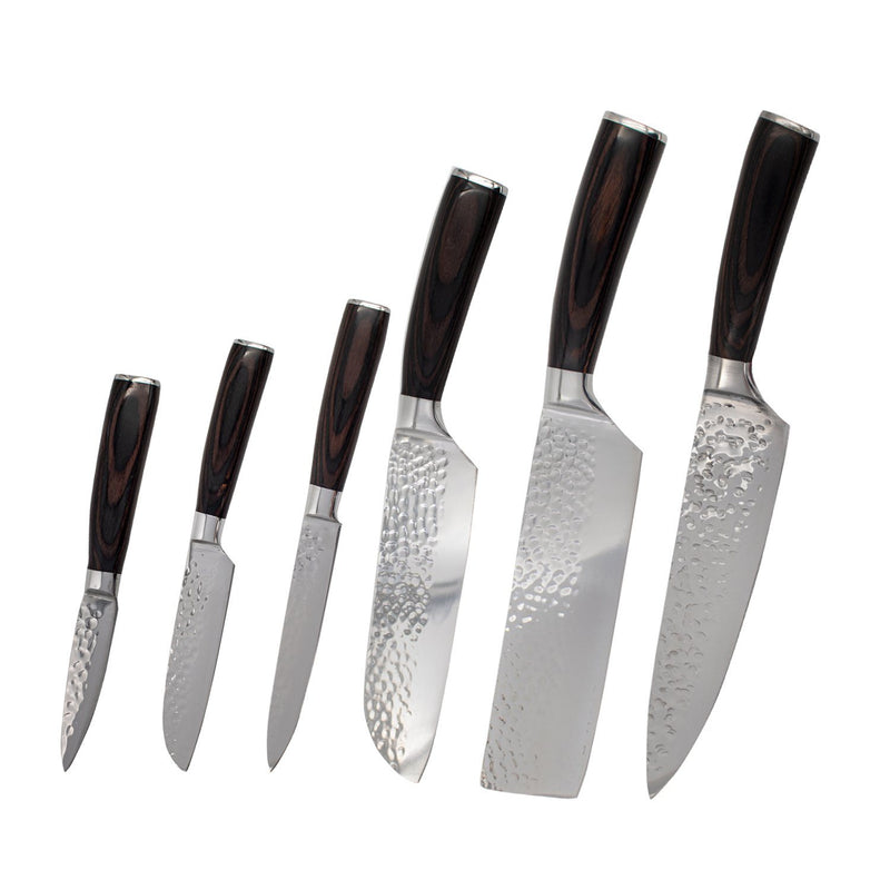 Combo Deal Shinrai Japan Hammered Stainless Steel Series 6-piece Knife Set + Acacia Wood Magnetic Knife Holder - Style 1