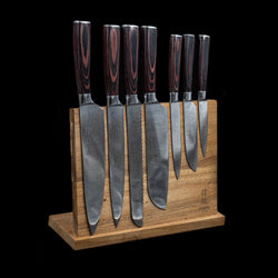 Quality Damascus Print Series 7-piece Knife Set + Acacia Wood Magnetic Knife Holder Style 1