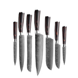 Quality Damascus Print Series 7-piece Knife Set + Acacia Wood Magnetic Knife Holder Style 1