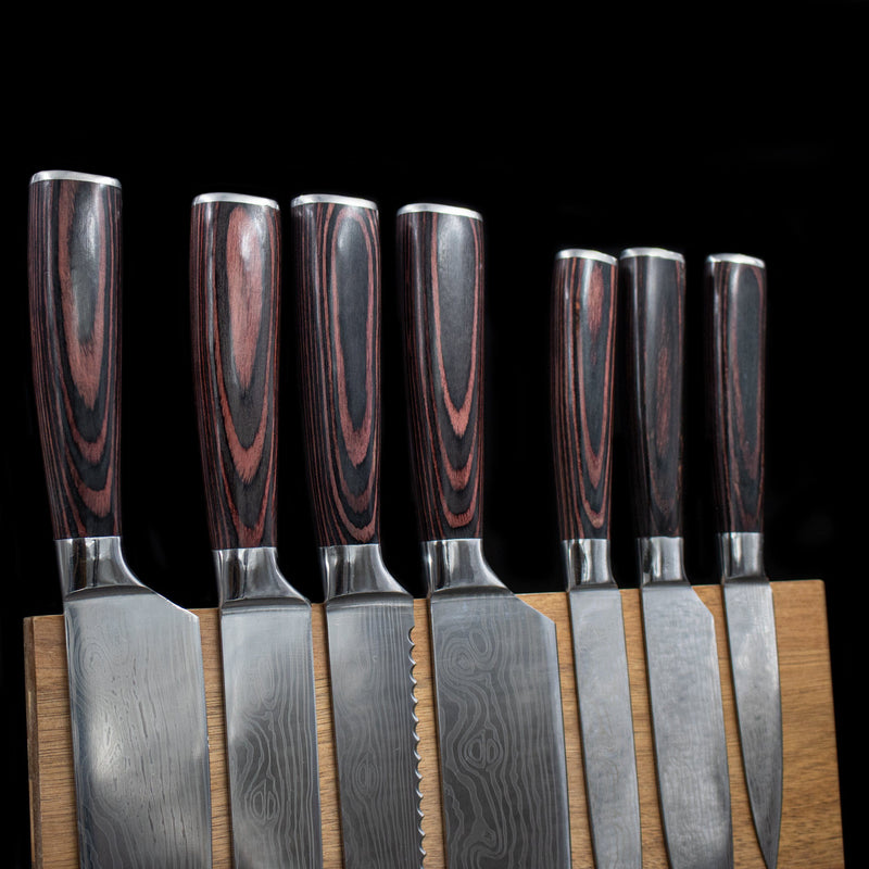 Quality Damascus Print Series 7-piece Knife Set + Acacia Wood Magnetic Knife Holder Style 1