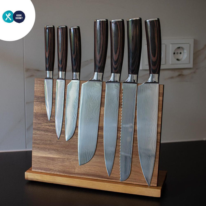Quality Damascus Print Series 7-piece Knife Set + Acacia Wood Magnetic Knife Holder Style 1