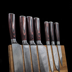 Quality Damascus Print Series 7-piece Knife Set + Acacia Wood Magnetic Knife Holder Style 1