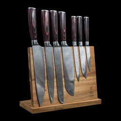 Quality Damascus Print Series 7-piece Knife Set + Acacia Wood Magnetic Knife Holder Style 1