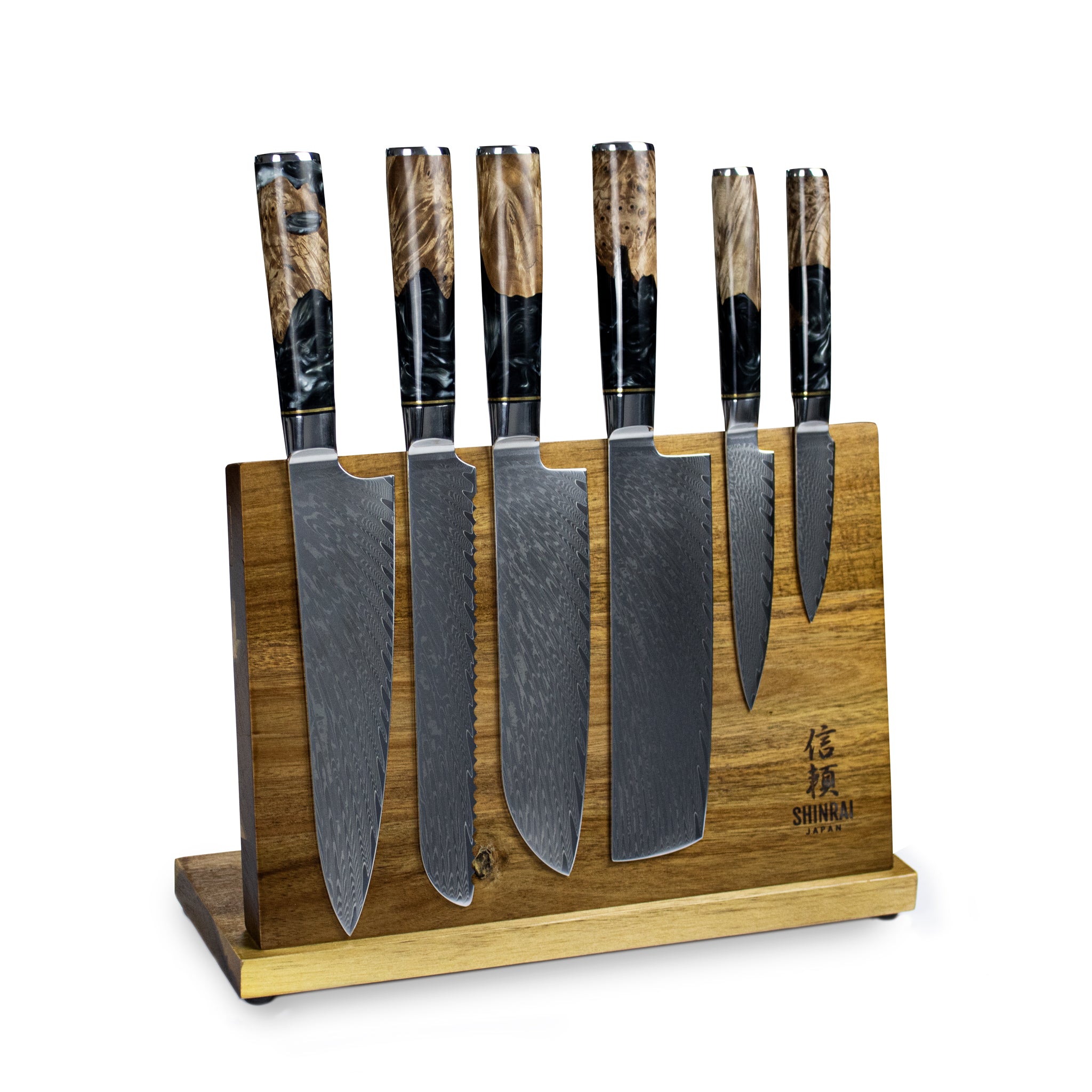 EPOXY ONYX 6PIECE DAMASCUS KNIFE SET + ACACIA HOLDER SINGLE SIDED