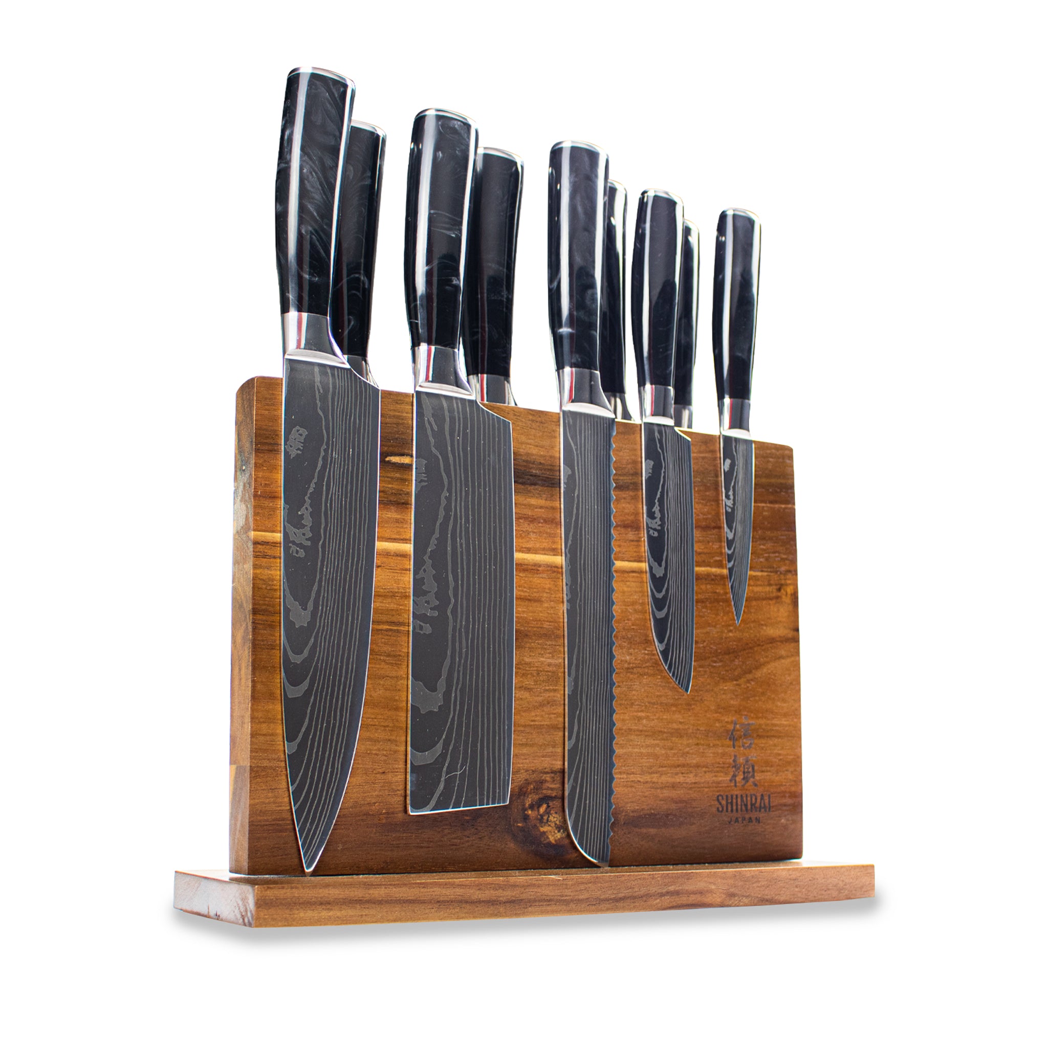 EPOXY ONYX 9 PIECE DAMASCUS PRINT KNIFE SET + ACACIA HOLDER DOUBLE SID