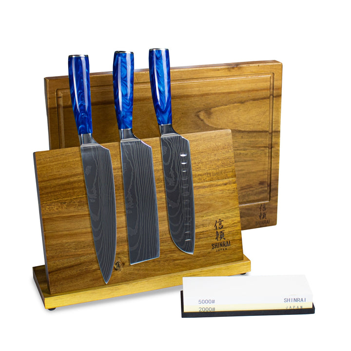 EPOXY SAPPHIRE 3 PIECE KNIFE SET + SHARPENING STONE + MAGNETIC HOLDER + CUTTING BOARD