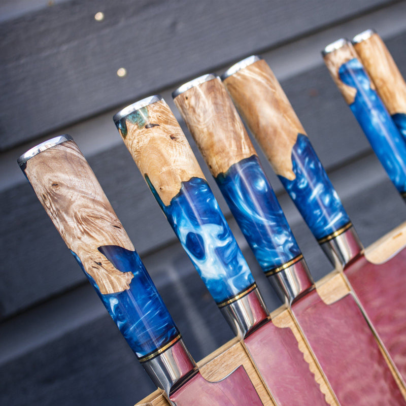 Epoxy Sapphire 6-delige Damascus Messenset + Acacia houder dubbelzijdig Shinrai Japan 