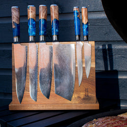 Epoxy Sapphire 6-delige Damascus Messenset + Acacia houder dubbelzijdig Shinrai Japan 