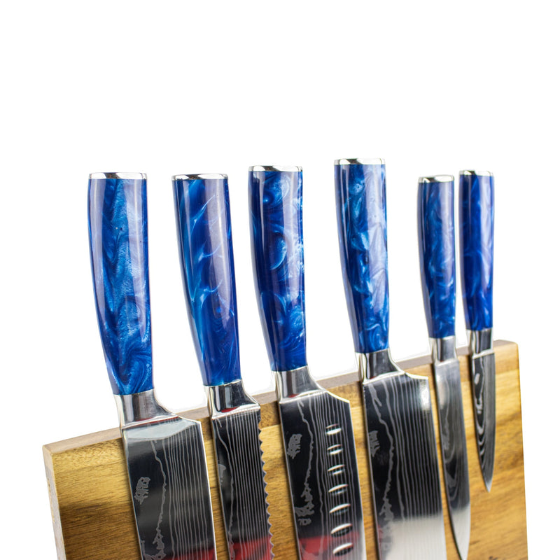 Epoxy Sapphire 6-delige Damascus Print Messenset + Acacia houder enkelzijdig Shinrai Japan 