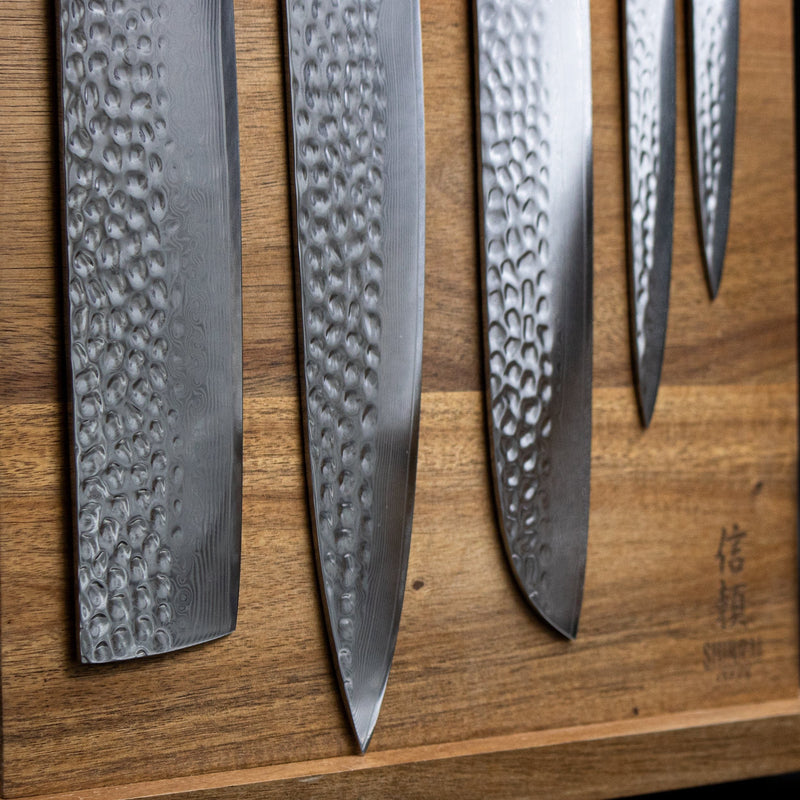 Hammered Damast BR 5-delige Damascus Messenset + Acacia houder dubbelzijdig Messensets Shinrai Japan 