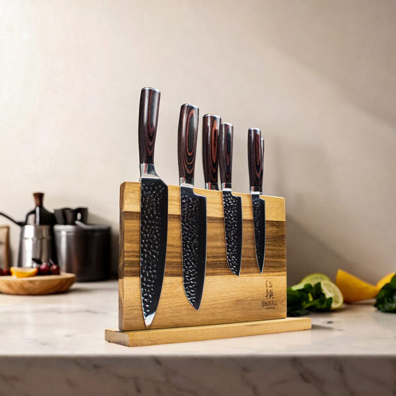 Hammered Stainless Steel Series 6-piece Knife Set + Acacia Wood Magnet –  ShinraiKnives