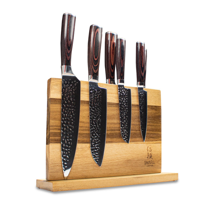 HAMMERED STAINLESS STEEL 6-PIECE KNIFE SET + ACACIA HOLDER DOUBLE SIDED