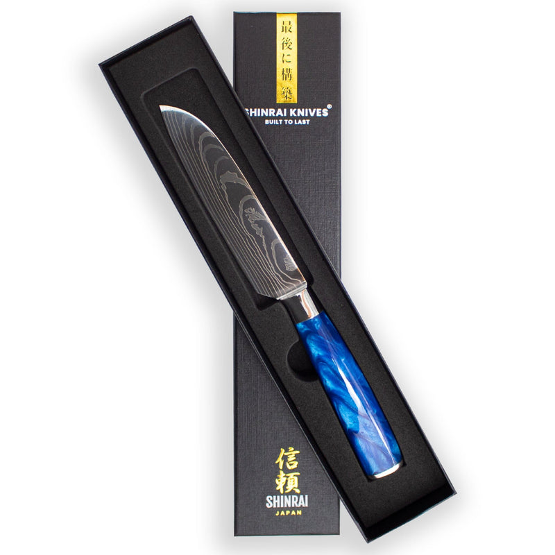 Japanse Damascus Epoxy Sapphire Print Series - Klein Santoku mes (13cm) Keukenmessen Shinrai Japan 