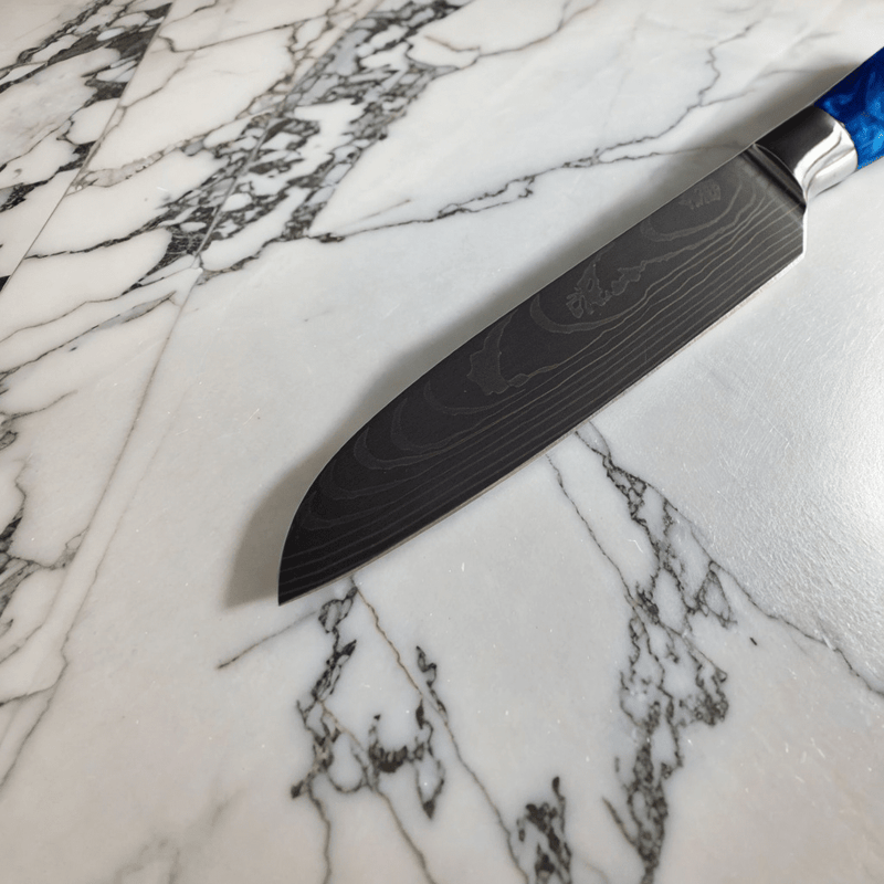 Japanse Damascus Epoxy Sapphire Print Series - Klein Santoku mes (13cm) Santokumes Shinrai Japan 