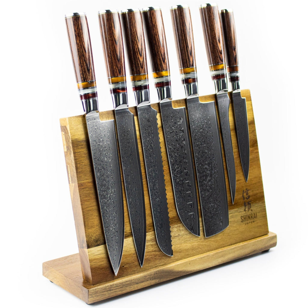 MICARTA JEWELS 7-PIECE DAMASCUS KNIFE SET + ACACIA HOLDER