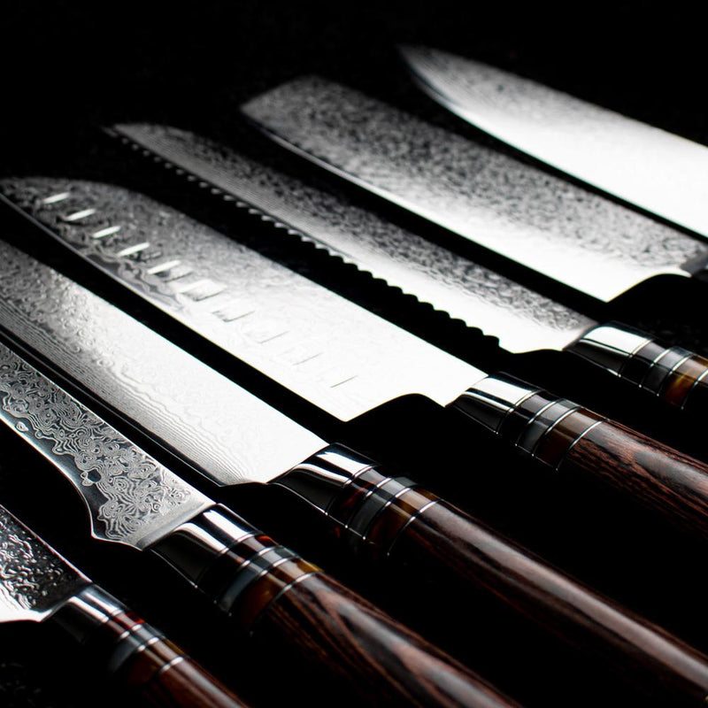 Micarta Jewels 7-delige Damascus Messenset + Acaciahouder Dubbelzijdig Messensets Shinrai Japan 