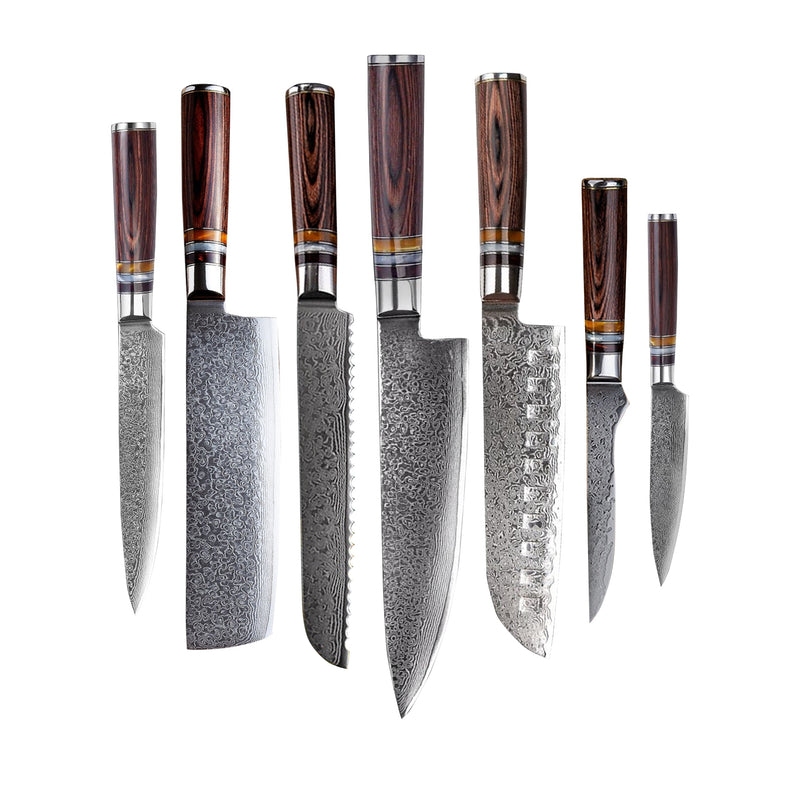 Micarta Jewels 7-delige Damascus Messenset + Acaciahouder Style 1 Messensets Shinrai Japan 